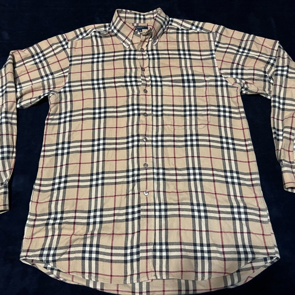 Men’s Burberry Beige and Black Plaid button up Shirt size medium